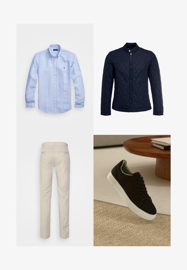 Tamsiai mėlynas užsegamas dubliažinis švarkas su stovinčiu apykakliu, visiškai užtraukiamas priekyje, ir dviem šoninėmis kišenėmis. Medžiaga turi lygią tekstūrą su deimantiniais raštais.; Mėlynos ir baltos dryžuotos ilgomis rankovėmis medvilninė marškiniai, turintys sagtelę ant apykaklės, priekinius mygtukus ir mažą išsiuvinėtą logotipą krūtinėje.; Bežinės kelnės su lygia tekstūra, tiesiu pjūviu, dviem užpakalinėmis kišenėmis su sagomis ir standartine juosmena.; Juodas sportinis batelis su baltu padu, lekiančius virš smėlio spalvos tekstūruoto kilimo šalia apvalaus medinio stalo su sukrautomis knygomis.