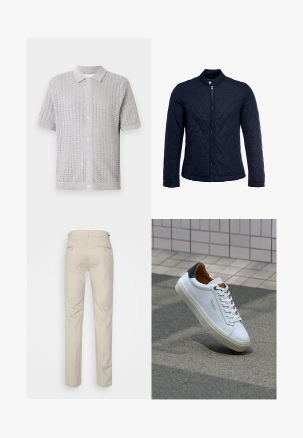 Chaqueta acolchada de color navy que cuenta con un cuello alzado, cierre frontal completo y dos bolsillos laterales. El material tiene una textura suave con patrones en forma de rombo.; Polo de manga corta de punto gris con un patrón texturizado, cinco botones en el frente y un cuello suave.; Pantalones beiges con una textura suave, corte recto, dos bolsillos traseros con botones y una cinturilla estándar.; Zapatilla de cuero blanca con talón en azul marino, punta redonda y acentos en marrón a contraste. Presenta cordones planos y suela de goma texturizada.