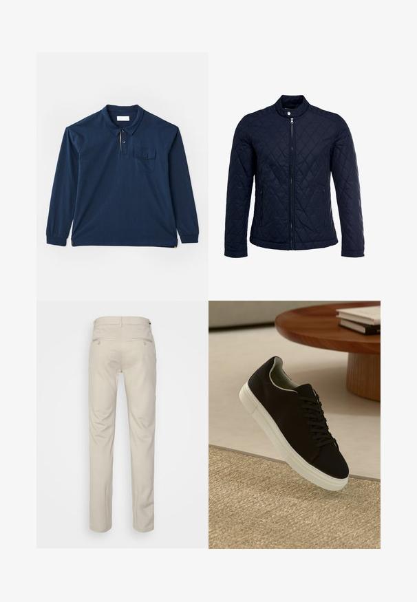 Jūras spēku krāsas nokrāsots džemperis ar izšūtu apkakli, pilnu priekšējo rāvējslēdzēju un divām sānu kabatām. Materiāls ir ar gludu faktūru, ar dimanta rakstiem.; Jūras spēku garās piedurknes polo krekls, kas izgatavots no kokvilnas. Tam ir trīs pogu aizdare, krūšu kabata un sānu izgriezums apakšmalā. Gluda tekstūra.; Bežīgas bikses ar gludu tekstūru, taisnas kājas, divas aizmugurējās kabatas ar pogām un standarta jostas vietu.; Melni sporta apavi ar baltu zoli, kas peld virs bēša tekstūrēta paklāja netālu no apaļa koka galda ar sakrautiem grāmatām.