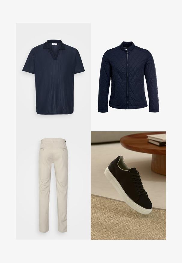 Jūras spēku krāsas nokrāsots džemperis ar izšūtu apkakli, pilnu priekšējo rāvējslēdzēju un divām sānu kabatām. Materiāls ir ar gludu faktūru, ar dimanta rakstiem.; Jūras zila polo krekls ar teksturētu, ribota auduma virsmu, ar V-veida kaklu un īsām piedurknēm. Klasiskais apkakles dizains uzsver stilu.; Bežīgas bikses ar gludu tekstūru, taisnas kājas, divas aizmugurējās kabatas ar pogām un standarta jostas vietu.; Melni sporta apavi ar baltu zoli, kas peld virs bēša tekstūrēta paklāja netālu no apaļa koka galda ar sakrautiem grāmatām.