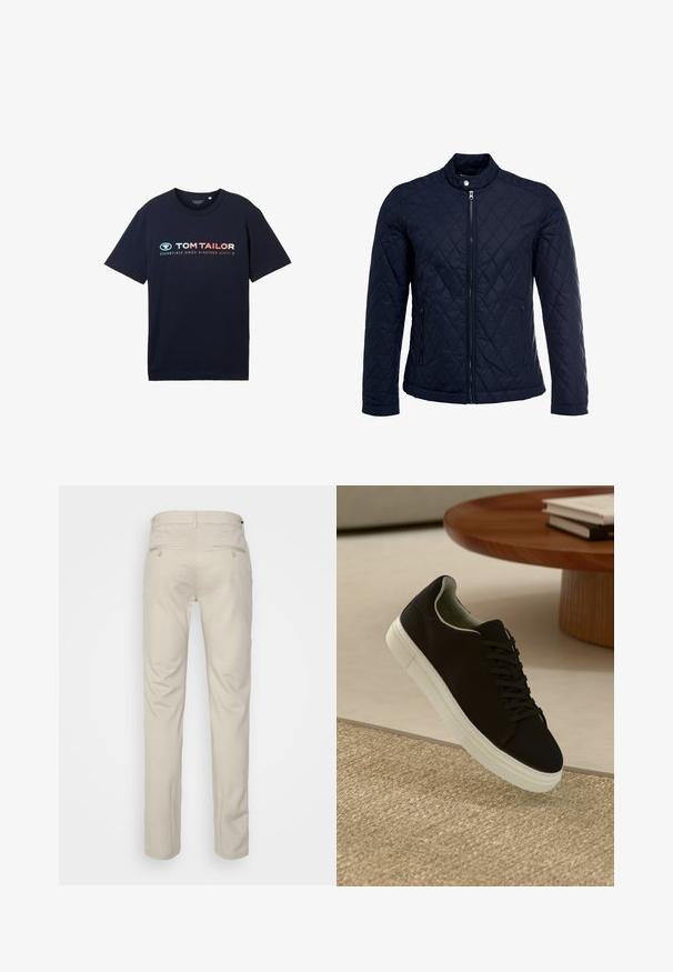 Mornarsko podloženo jakno z dvignjenim ovratnikom, polnim zadrgo in dvema stranskima žepoma. Material ima gladko teksturo s diamantnimi vzorci.; TOM TAILOR MIT LOGO - Potiskana majica - sky captain blue; Bež hlače z gladko teksturo, ravnega kroja, dvema zadnjima žepoma z gumbi in standardnim pasom.; Črni športni copat z belim podplatom lebdi nad bež teksturiranim preprogam blizu okroglega lesenega mize z zloženimi knjigami.