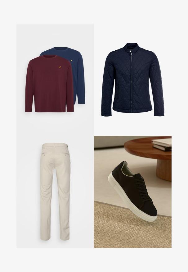 Jachetă matlasată de culoare bleumarin, cu guler în picioare, fermoar pe întreaga lungime și două buzunare laterale. Materialul are o textură netedă, cu modele în diamant.; Pier One 2 PACK - Bluză cu mânecă lungă - bordeaux/dark blue; Pantaloni bej cu o textură netedă, croială dreaptă, două buzunare laterale cu nasturi și un brâu standard.; Pantof din material textil negru, cu talpă albă, plutind deasupra unui covor texturat bej, lângă o masă rotundă din lemn cu cărți stivuite.