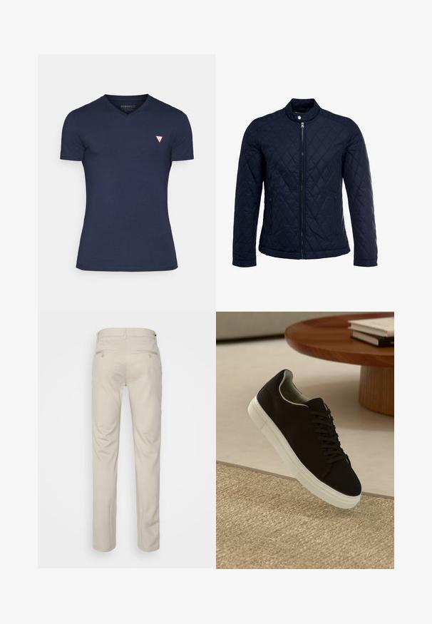 Marinefarbenes wattiertes Jackett mit Stehkragen, durchgehendem Reißverschluss und zwei seitlichen Taschen. Das Material hat eine glatte Textur mit Rautenmuster.; Kornblumenblaues, kurzärmeliges V-Ausschnitt-T-Shirt aus weicher Baumwolle. Mit einem kleinen roten Dreieckslogo auf der linken Brustseite. Glatte Textur.; Beige Hosen mit glatter Textur, geradem Schnitt, zwei Gesäßtaschen mit Knöpfen und einem normalen Bund.; Schwarze Sneakers mit weißer Sohle, die über einem beige strukturierten Teppich schweben, in der Nähe eines runden Holztisches mit gestapelten Büchern.