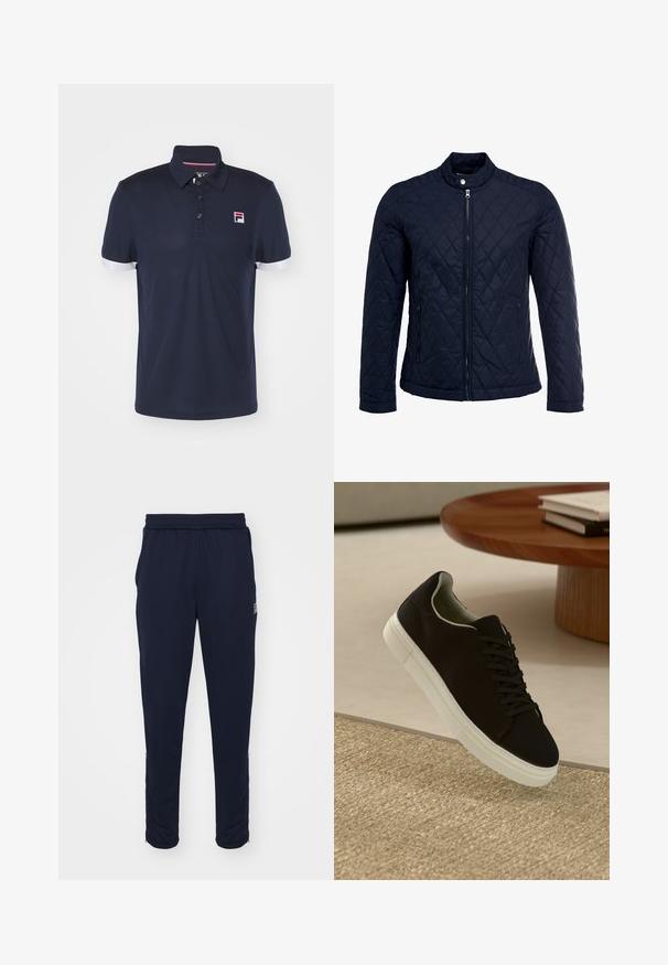 Casaco acolchoado azul-marinho com gola elevada, fecho de correr à frente e dois bolsos laterais. O material tem uma textura suave com padrões de diamante.; Camisola polo azul-marinho feita de tecido respirável, com gola, três botões e punhos com accentos brancos. Apresenta um pequeno logótipo no peito.; Calças atléticas azul-marinho com cintura elástica, bolsos laterais e bainhas com fecho éclair. Feitas de um tecido liso e elástico.; Sneaker preto com sola branca flutuando acima de um tapete texturizado bege, perto de uma mesa redonda de madeira com livros empilhados.