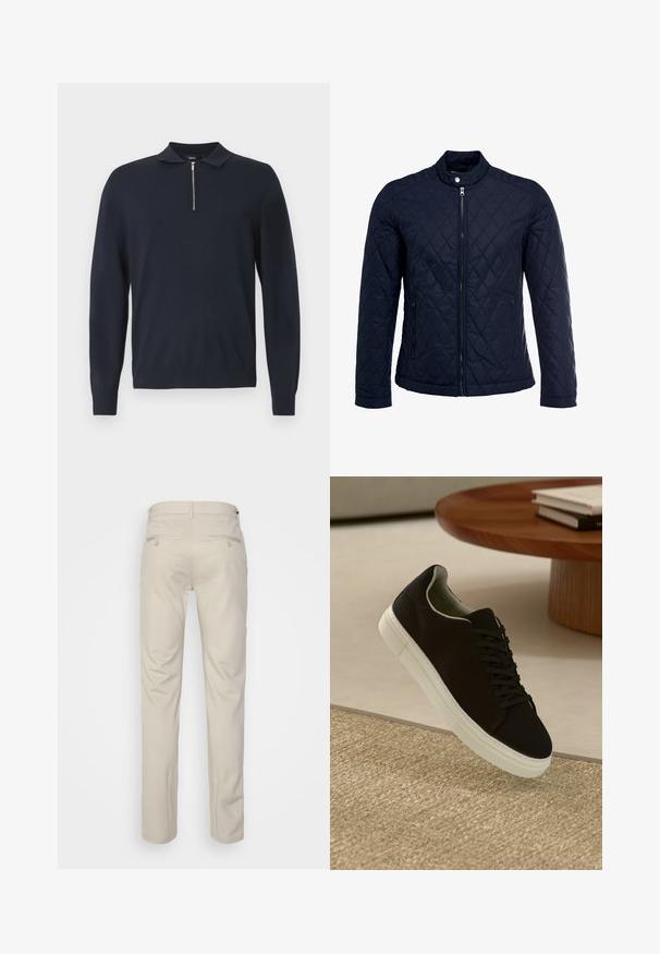 Casaco acolchoado azul-marinho com gola elevada, fecho de correr à frente e dois bolsos laterais. O material tem uma textura suave com padrões de diamante.; Sweater de pulôver azul marinho feito de tecido de malha, com um zíper na gola, mangas longas e uma cintura ajustada. Design simples e de cor sólida.; Calças bege com uma textura suave, corte reto, dois bolsos traseiros com botões e uma cintura padrão.; Sneaker preto com sola branca flutuando acima de um tapete texturizado bege, perto de uma mesa redonda de madeira com livros empilhados.