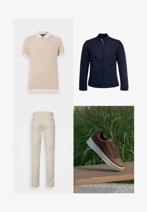 Marineblauwe gewatteerde jas met een staande kraag, volledige ritssluiting aan de voorkant en twee zijzakken. Materiaal heeft een gladde textuur met ruitpatronen.; Beige polo shirt met korte mouwen, met ribbelstructuur, ritskraag en contrasterende afwerking langs de mouwen en de zoom. Subtiele logo-detail.; Beige broek met een gladde textuur, rechte snit, twee achterzakken met knopen en een standaard tailleband.; Bruine leren sneaker met een witte rubberen zool, ronde neus en bruine veters. Getextureerde grip op de zool en een gladde afwerking op het bovenwerk.