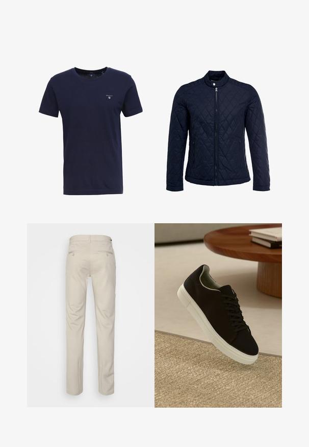 Mörkblå vadderad jacka med ståkrage, fullständig dragkedja framtill och två sidofickor. Tyget har en slät yta med diamantmönster.; GANT ORIGINAL - T-shirt - bas - evening blue; Beige byxor med en slät textur, rak passform, två bakfickor med knappar och standard midja.; Svart sneakers med vit sula svävande över en beige texturerad matta nära ett runt träbord med staplade böcker.