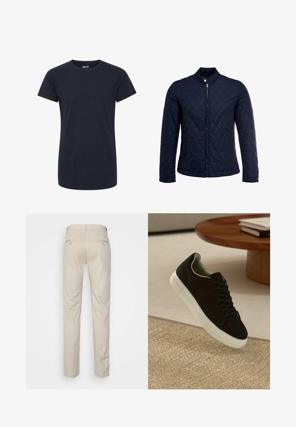 Mörkblå vadderad jacka med ståkrage, fullständig dragkedja framtill och två sidofickor. Tyget har en slät yta med diamantmönster.; En enfärgad mörk marinblå t-shirt med kort ärm och rund halsringning, i slim fit och utan synliga logotyper eller mönster.; Beige byxor med en slät textur, rak passform, två bakfickor med knappar och standard midja.; Svart sneakers med vit sula svävande över en beige texturerad matta nära ett runt träbord med staplade böcker.