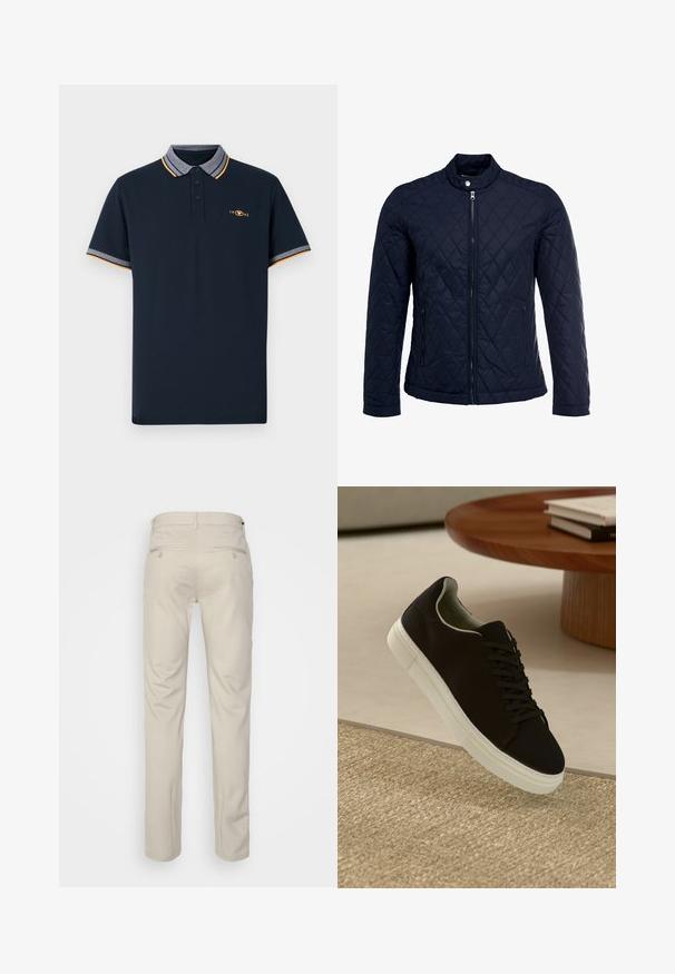 Mörkblå vadderad jacka med ståkrage, fullständig dragkedja framtill och två sidofickor. Tyget har en slät yta med diamantmönster.; Mörkblå polo-shirt i bomull, med krage och grå kant, orange detaljer och tre knappar fram. Broderad 1962-logotyp.; Beige byxor med en slät textur, rak passform, två bakfickor med knappar och standard midja.; Svart sneakers med vit sula svävande över en beige texturerad matta nära ett runt träbord med staplade böcker.