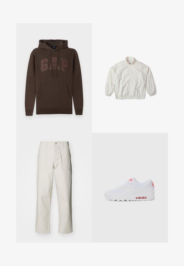 Giacca a vento leggera di colore crema con colletto alto, polsini elasticizzati e tasche laterali con zip. Presenta un piccolo logo vicino al petto.; Felpa marrone con tasca a marsupio, cordini e logo "GAP" di un marrone più chiaro sul petto. Comoda miscela di cotone.; Pantaloni a gamba larga beige chiaro in cotone. Presentano tasche frontali e chiusura con bottone. Tessuto liscio con sottili linee verticali.; Sneaker atletica bianca con tomaia liscia, chiusura con lacci, suola ammortizzata e un'unità d'aria visibile con accenti rossi sul branding.