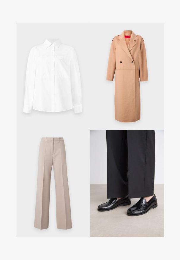 Cappotto in misto lana beige con design doppiopetto, rever a pressione e due bottoni neri. Presenta spalline sulle spalle e tasche laterali.; Camicia bianca a maniche lunghe con colletto button-down, due tasche sul petto e taglio dritto. Realizzata in un tessuto leggero con una consistenza liscia.; T-shirt bianco a maniche corte realizzato in cotone leggero. Presenta un collo rotondo e maniche arrotolate. Etichetta rossa con logo sul colletto.; Pantaloni a gamba larga beige realizzati in un tessuto liscio, caratterizzati da una vita alta, pieghe frontali e una silhouette sartoriale.; Mocassini in pelle nera con una finitura liscia, dettagli cuciti attorno alla punta e suola in gomma bassa. Abbinati a pantaloni neri larghi.