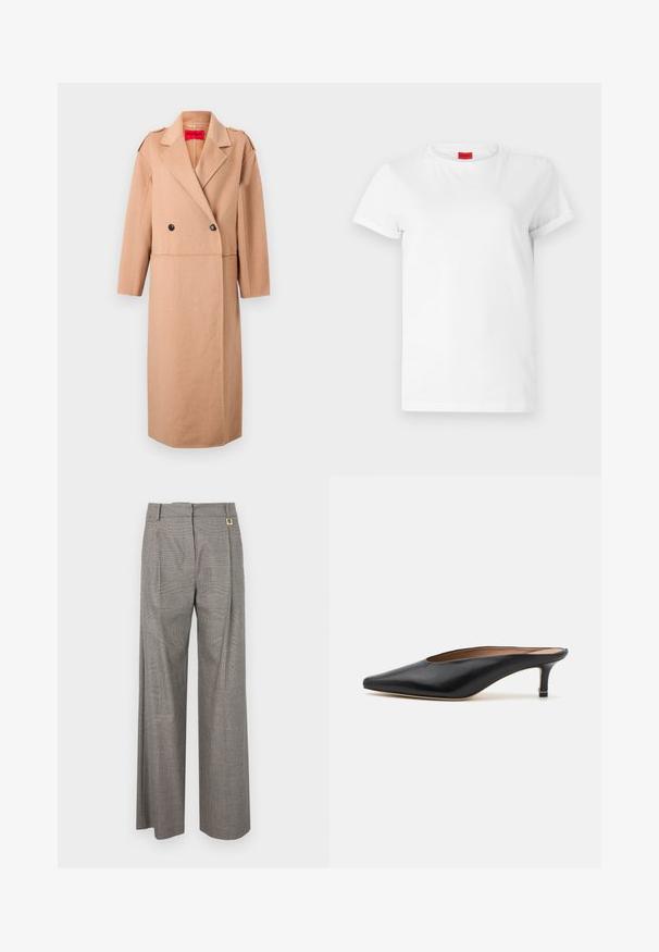 Bežs vilnas jaukta auduma mētelis ar divrindas dizainu, ietvertiem lakatiem un divām melnām pogām. Ir epauleti uz pleciem un sānu kabatām.; Balts īsām piedurknēm T-krekls, izgatavots no viegla kokvilnas. Tam ir apaļa kakla izgriezums un sarullētas piedurknes. Sarkans logotipa uzlīme uz apkaklītes.; Pelēko kvadrātu raksta platleņķa bikses ar augstu jostu, priekšējiem krokiem un zelta toni akcentu uz jostas. Strukturēta auduma.; Melnas ādas mūlas ar norādītu pirkstu un zemu, bloku papēdi. Gluda tekstūra ar elegantu dizainu. Atvērta aizmugure ar minimālu detaļu skaitu.