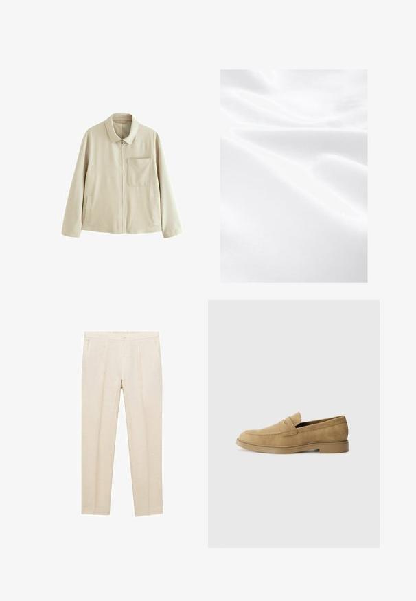 Beige kevyt takki, jossa on vetoketjukiinnitys, jämäkkä kaulus, rintatasku ja sivutaskut. Takissa on sileä pinta ja minimalistinen muotoilu.; Valkoinen kangas, jonka pinta on sileä ja siinä näkyy ryppyjä sekä hienovaraista kiiltoa, mikä viittaa kevyeseen ja pehmeään materiaaliin.; Kreemi linased püksid otse lõikega, millel on lame ees, kaks külge taskut ja üks konks sulgumiseks vööl.; Sandaalit nahasta vaaleanruskeat, pyöreällä kärjellä, matalalla lohkokannan ja yläosan brodeerausvoitolla. Sileä pinta ja minimalistinen muotoilu.