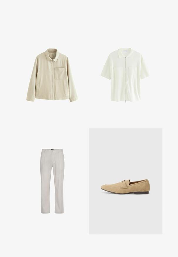 Beige kerge jope, millel on lukuga ees, struktureeritud krae, rinnakott ja küljetaskud. Omab siledat tekstuuri ja minimalistlikku disaini.; Lühikeste varrukate ja valge lukuga pluus, mis on valmistatud tekstureeritud kangast. Pluusil on kraega kaelus ning kaks eesmist taskut ruudukujuliste klappidega.; Heledad beežid püksid, mis on valmistatud pehmest ja siledast kangast. Omavad sirget lõiget, esitaskute voldikuid ja ühe nööbi sulgemist vöökohtadel.; Beige suede loafers, millel veidi läiget, ümarate varvastega, libisemisega disainiga ja madala pruuni kontsaga. Kerge õmbluste detail.