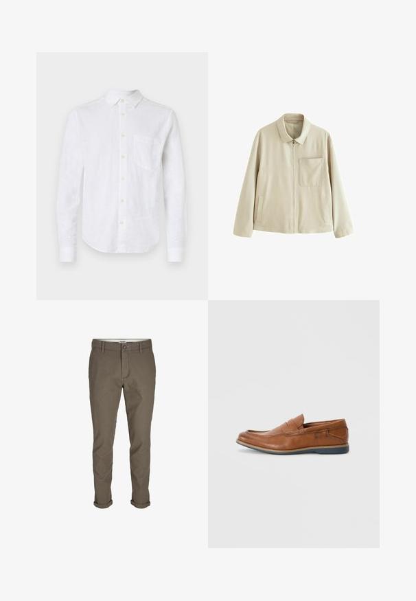 Beige lättviktsjacka med dragkedja framtill, strukturerad krage, bröstficka och sidofickor. Har en slät yta och minimalistisk design.; Vit linne skjorta med lång ärm, med krage som kan knäppas, bröstficka och pärlemorknappar. Har en rundad nederkant och textilstruktur.; Kakhifärgade tapered byxor tillverkade av bomullsblandat tyg. Har dragkedja, knappstängning och uppvikta fållar. Strukturerad yta med subtil lyster.; Bruna läder loafers med rund tå, sydda accenter och en låg gummisula. Designen har ett band över framsidan.