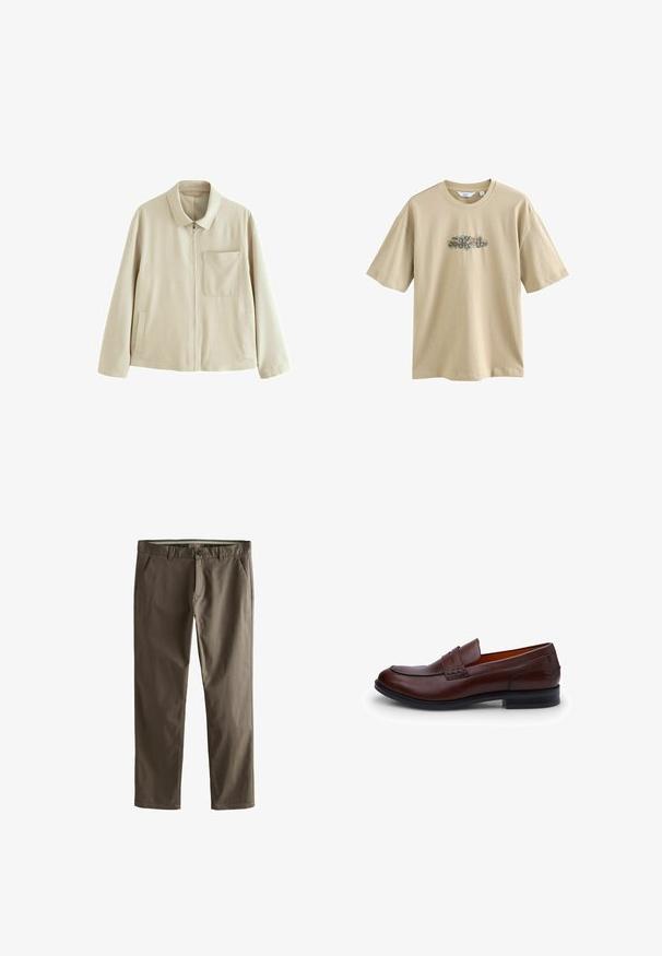 Beżowa, lekka kurtka z zamkiem z przodu, usztywnionym kołnierzem, kieszenią na piersi i kieszeniami bocznymi. Charakteryzuje się gładką teksturą i minimalistycznym wzornictwem.; Beżowa bawełniana koszulka z grafiką na przodzie. Wzór zawiera kolorowe elementy i zakrzywiony tekst. Krótkie rękawy i okrągły dekolt.; Brązowe bawełniane chinosy o prostym kroju, z przednimi kieszeniami i zapięciem na guzik. Charakteryzują się gładką fakturą i prostymi liniami.; Brązowe skórzane mokasyny o gładkiej powierzchni, zaokrąglonym nosku, kontrastowym przeszyciu i niskim obcasie. Posiadają dekoracyjną wstawkę na wierzchu.