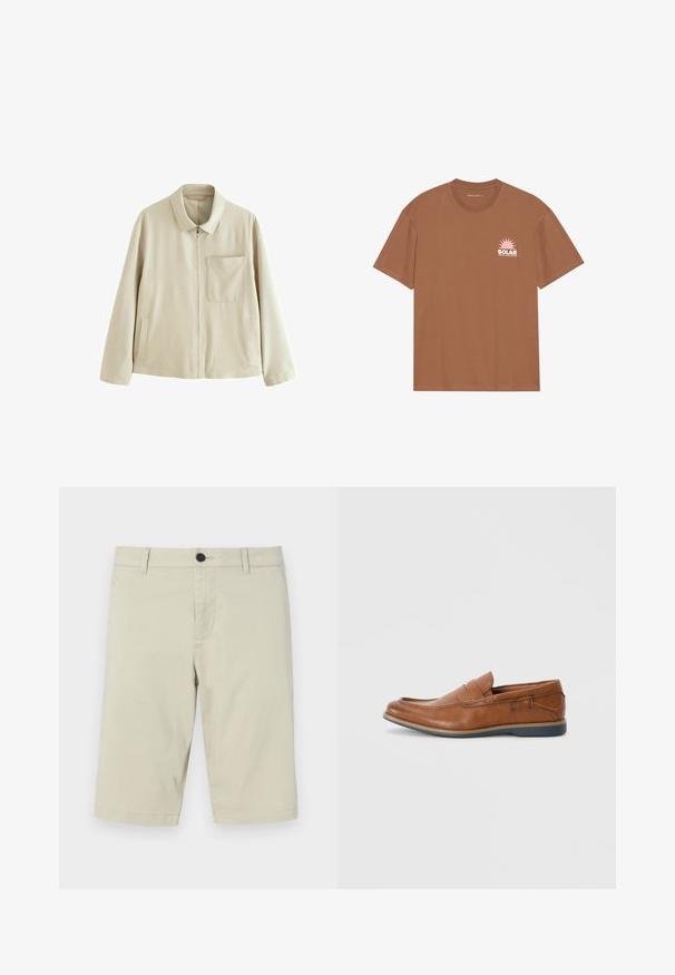 Chaqueta beige ligera con cremallera frontal, cuello estructurado, un bolsillo en el pecho y bolsillos laterales. Presenta una textura suave y un diseño minimalista.; Camiseta de algodón marrón de manga corta, con un gráfico de sol rosa y el texto "SOLAR" en el lado izquierdo del pecho. Diseño de cuello redondo.; Pantalones cortos color beige, hechos de una mezcla de algodón ligera, con un frente plano, trabillas para cinturón, cierre de botón y dobladillo a la altura de la rodilla.; Mocasines de cuero marrón con puntera redonda, acentos cosidos y suela de goma baja. El diseño cuenta con una banda en la parte superior.