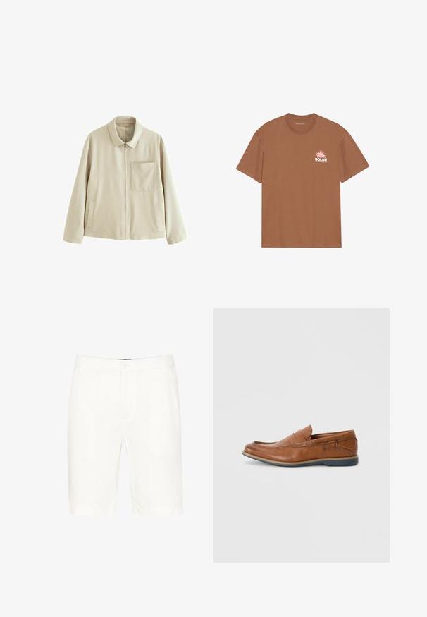 Veste légère beige avec fermeture éclair à l'avant, col structuré, poche poitrine et poches latérales. Présente une texture lisse et un design minimaliste.; T-shirt marron à manches courtes en coton, avec un graphique de soleil rose et le texte "SOLAR" sur la poitrine gauche. Design à col rond.; Shorts en coton blancs au design classique, dotés d'une fermeture à bouton, de passants de ceinture et de jambes droites jusqu'à mi-thigh.; Mocassins en cuir marron avec un bout rond, des accents cousus et une semelle en caoutchouc basse. Le design présente une bandoulière sur le haut.