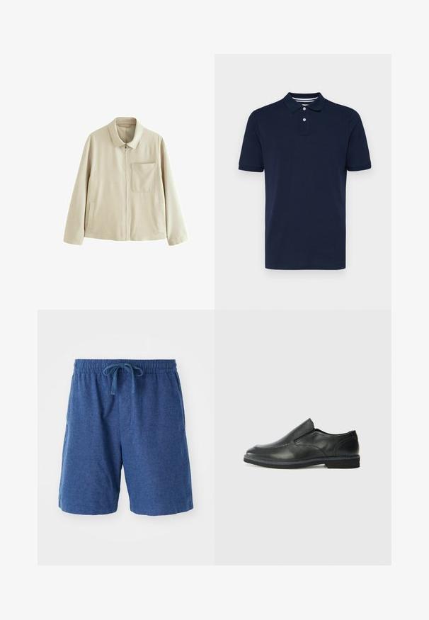 Veste légère beige avec fermeture éclair à l'avant, col structuré, poche poitrine et poches latérales. Présente une texture lisse et un design minimaliste.; Polo-shirt bleu marine à manches courtes en coton, avec un col à trois boutons et des rayures horizontales subtiles sur le col.; Shorts tissés bleus avec une taille élastique, fermeture à cordon et poches latérales. Longueur courte avec une surface lisse et texturée.; Chaussure slip-on en cuir noir avec une tige lisse, des accents cousus, un bout arrondi et un petit talon en caoutchouc. La semelle présente un profil de traction minimal.