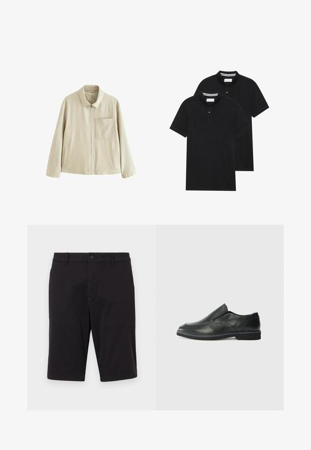 Veste légère beige avec fermeture éclair à l'avant, col structuré, poche poitrine et poches latérales. Présente une texture lisse et un design minimaliste.; Deux polos noirs, à manches courtes, en coton, avec un col classique, une patte de boutonnage à deux boutons, et des accents rayés blancs à l'intérieur du col.; Shorts noirs en tissu léger. Dotés d'une fermeture à bouton, de passants de ceinture, de deux poches latérales et d'une coupe droite.; Chaussure slip-on en cuir noir avec une tige lisse, des accents cousus, un bout arrondi et un petit talon en caoutchouc. La semelle présente un profil de traction minimal.