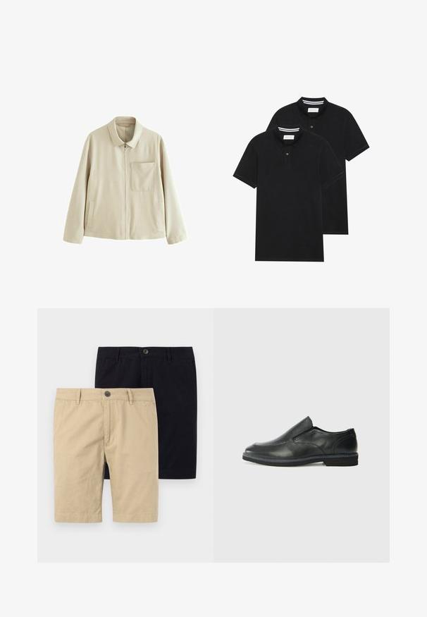 Beige kevyt takki, jossa on vetoketjukiinnitys, jämäkkä kaulus, rintatasku ja sivutaskut. Takissa on sileä pinta ja minimalistinen muotoilu.; Kaksi mustaa lyhythihaista poolopaitaa, puuvillamateriaalia, joissa on klassinen kaulus, kahden napin napitus ja valkoiset raidat kauluksen sisällä.; Kaksi paria shortseja, yksi khaki ja yksi musta, valmistettu puuvillasta. Molemmissa on nappi, tasainen etuosa ja polvipituinen muotoilu.; Musta nahkainen liukujalkine, jossa on sileä pinta, ommeltuja yksityiskohtia, pyöristetty kärki ja matala kumipohja. Pohjassa on minimaalinen pito.