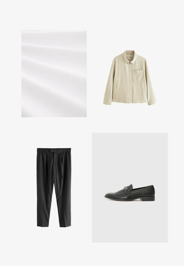Giacca leggera beige con zip frontale, colletto strutturato, tasca sul petto e tasche laterali. Presenta una texture liscia e un design minimalista.; Tessuto bianco con una superficie texturizzata e rigata, che mostra morbide pieghe e una leggera lucentezza. Finitura liscia senza motivi o accenti visibili.; Next REGULAR FIT -CHECK SMART - Chino - black; Mocassino in pelle nera con finitura liscia, caratterizzato da un design cucito e da un accento decorativo in catena metallica sul vamp. Tacco piatto.