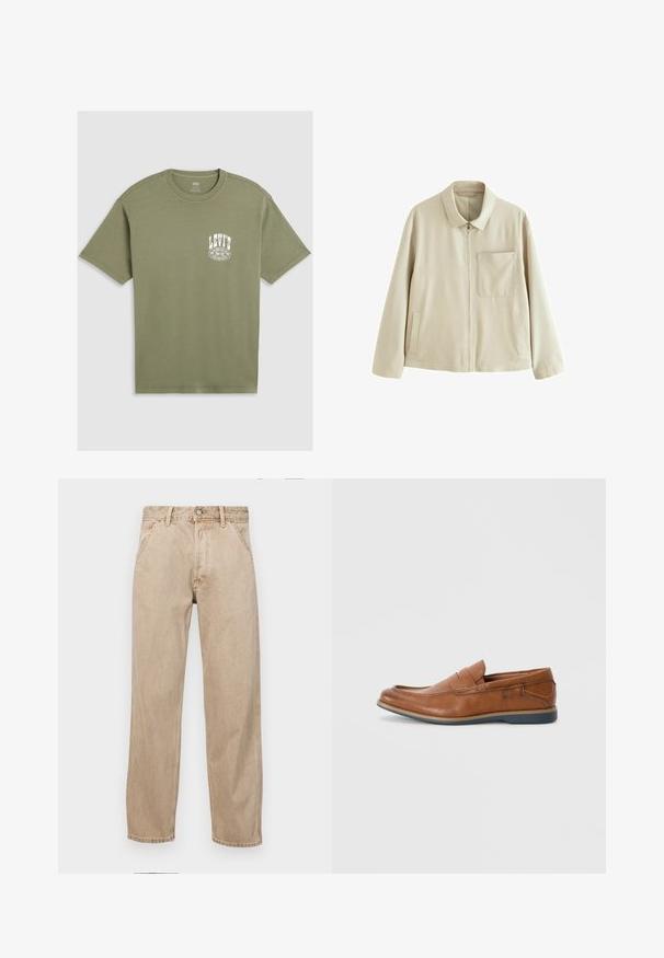 Beige kerge jope, millel on lukuga ees, struktureeritud krae, rinnakott ja küljetaskud. Omab siledat tekstuuri ja minimalistlikku disaini.; Oliivroheline puuvillane T-särk ümmarguse kaeluse, lühikeste varrukate ja vasakus rinnaosas valge Levi'si logoga. Sile tekstuur, lõdvestunud lõige.; Bežidemini teksased sirgjoonise kujundusega, front pocket'itega, metallist nööbi kinnitusega ja peene tekstuuriga.; Prunadest nahkkingad ümmarguse varbaga, õmmeldud detailide ja madala kummitaldaga. Disain sisaldab riba üleval.