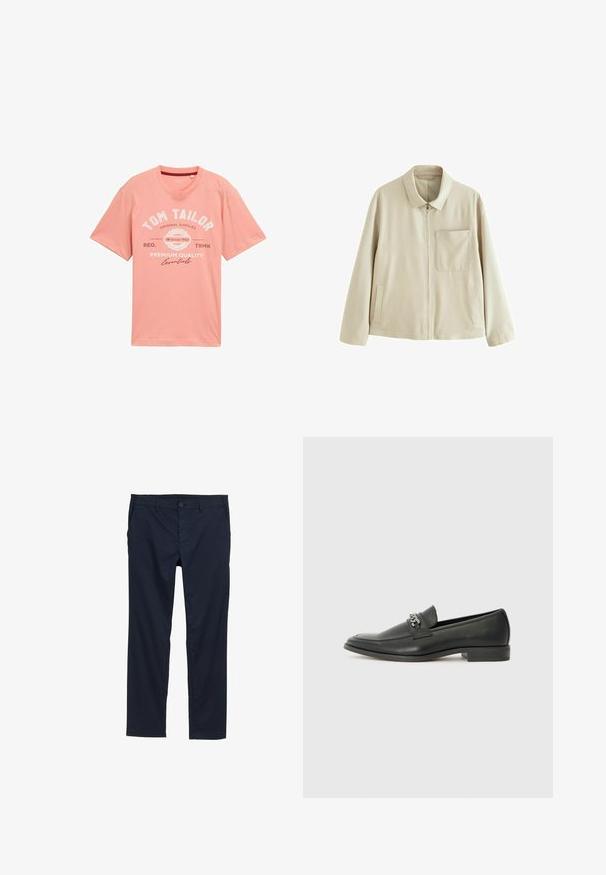 Bež jakna lagane težine s patentnim zatvaračem sprijeda, strukturiranim ovratnikom, džepom na prsima i bočnim džepovima. Ima glatku teksturu i minimalistički dizajn.; Ružičasta pamučna majica s okruglim izrezom, kratkim rukavima i otisnutim tekstom koji uključuje "Tom Tailor" i "Premium Quality Essentials."; Tamburice u mornarsko plavoj boji s laganom tkaninom, ravnim nogavicama, kopčanjem na dugme i bočnim džepovima.; Crna kožna loafer cipela s glatkom finišem, s ušivenim uzorkom i dekorativnim metalnim lancem preko prednjeg dijela. Ravni potplat.