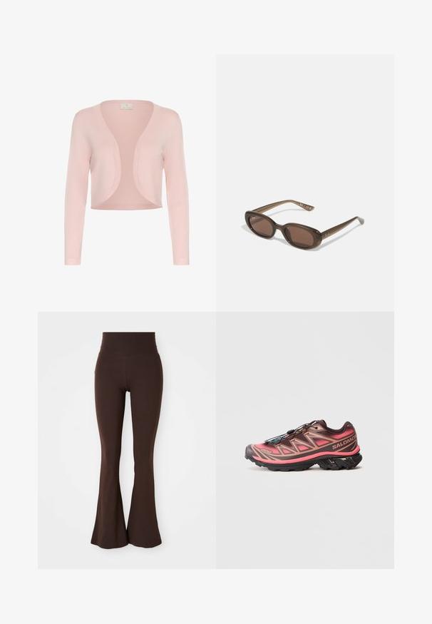 Ruskea, lyhyt takki, joka on valmistettu sileästä materiaalista ja jossa on korkea kaulus ja pitkät hihat. Vetoketjulliset etutaskut lisäävät käytännöllisyyttä.; Vaaleanpunainen lyhyt neuletakki, joka on valmistettu pehmeästä neulekankaasta. Takissa on pitkät hihat, avoin etuosa ja hienovarainen ribbikuvio reunoilla.; Ruskea urheilullinen crop-top, jossa on korkea kaula-aukko ja kapeat hihnat, jotka muodostavat X-muodon selässä, valmistettu sileästä ja joustavasta kankaasta.; Ruskea levenevä trikoo, joka on valmistettu pehmeästä ja joustavasta kankaasta, jossa on korkea vyötärö ja tiukka siluetti, joka levenee nilkasta.; Polkujuoksukengät, joissa on gradienttinen ruskea ja vaaleanpunainen muotoilu, teksturoitu päällinen, musta ulkopohja ja ainutlaatuinen nauhoitusjärjestelmä.; Ruske oválne slnečné okuliare s tmavými sklami. Rám je vyrobený z priesvitného hnedého materiálu a na stranách má potlačené logo.; Kankaan vaalea olkalaukku, jossa on rento muotoilu ja yksi olkahihna. Pintarakenteessa on teksturoitu kuvio.