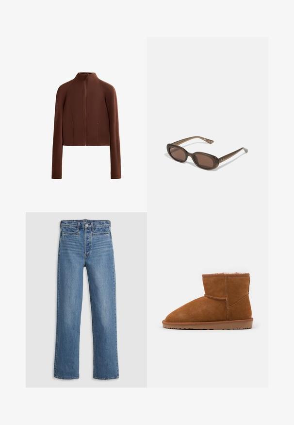 Brun, kort jakke lavet af glat materiale, med høj krave og lange ærmer. Lynlåslommer foran tilføjer funktionalitet.; Brun strikket turtleneck sweater med ribbede manchetter og kant; blød tekstur; afslappet pasform; let løs silhuet. Modellen har mørke jeans på.; Lys blå, lige ben jeans lavet af denim. Funktioner inkluderer en knaplukning, fem lommer og diskret slid. Ingen udsmykninger eller mønstre.; Brune ruskind ankelstøvle med en afrundet tå og blød foring, der har en flad gummisål og minimale syninger.; Brune ovale solbriller med mørke linser. Stellet er lavet af transparent brunt materiale og har et logo trykt på stængerne.; Vævet beige tote taske med et afslappet design og en enkelt skulderrem. Har et struktureret mønster over hele overfladen.; Gennemsigtig akrylhårklipper med en subtil iriserende glans. Rund form med seks buede tænder for et sikkert greb om håret.