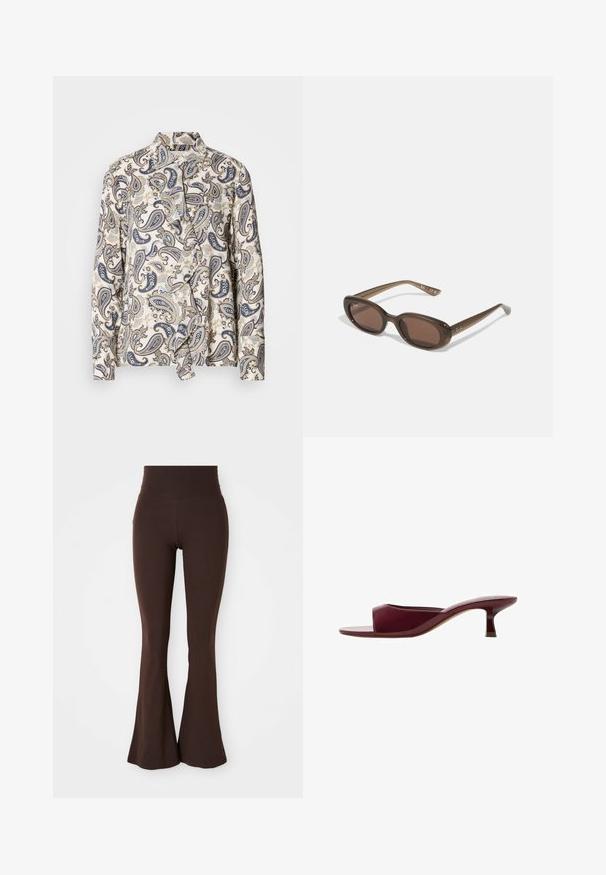 Brown, cropped jacket made of smooth material, featuring a high collar and long sleeves. Zippered front pockets add functionality.; Patterned blouse featuring paisley design in navy, beige, and light blue, made from lightweight fabric with a hidden button closure and collar.; Brown flared leggings made from soft, stretchy fabric, featuring a high waistband and a fitted silhouette that flares at the ankle.; M burgundy open-toe slide sandal featuring a glossy finish, a low kitten heel, and a minimalist design with a smooth, curved shape.; Brown oval sunglasses with dark lenses. Frame has a transparent brown material and features a logo printed on the temples.; Brown suede tote bag featuring a triangular design, elongated shoulder straps, and a large open top with a cut-out handle detail.; Multi-layered necklace featuring round amber and clear beads on silver wire, with a star charm. Color palette includes amber, brown, and clear.