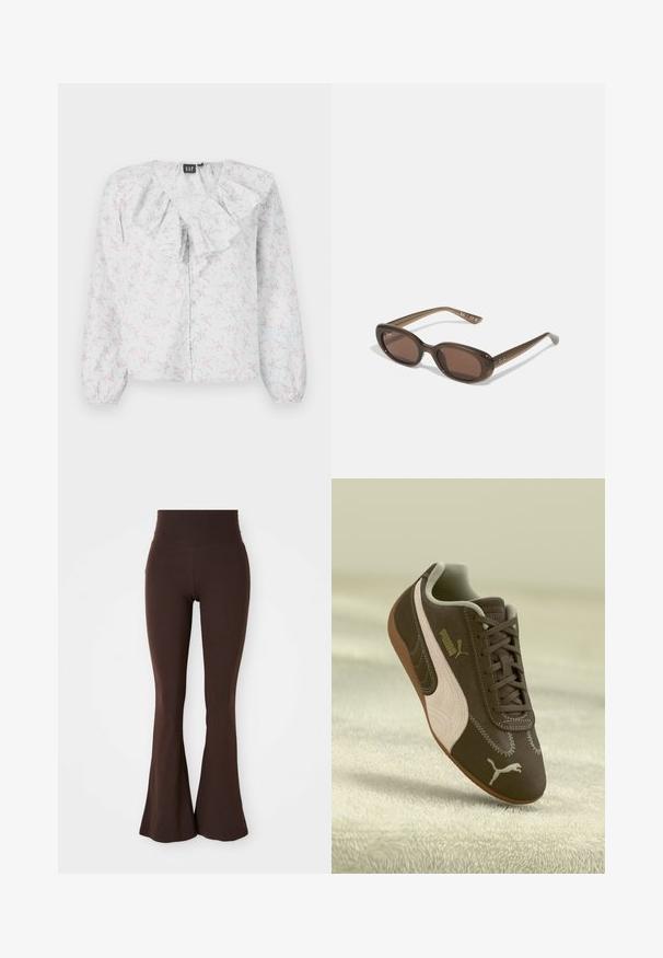 Smeđi skraćeni kaput napravljen od glatkog materijala, sa visokim okovratnikom i dugim rukavima. Zippered prednji džepovi dodaju funkcionalnost.; Bijela bluzica s nabranim izrezom, cvjetni uzorak u ružičastoj i plavoj boji, duži rukavi i kopčanje na gumbe sprijeda. Lagana, teksturirana tkanina.; Smeđe flared tajice napravljene od mekog, rastezljivog materijala, s visokim strukom i prilagođenim siluetom koja se širi na gležnju.; Smeđi Puma tenisice s bež prugom i logotipom, vezane, odložene na teksturiranoj bež površini.; Smeđe ovalne sunčane naočale s tamnim staklima. Okvir je od prozirnog smeđeg materijala i ima otisnut logo na sljepoočnicama.; Torbica od bež tkanine sa ležernim dizajnom i jednim remenom za rame. Ima teksturirani uzorak po cijeloj površini.