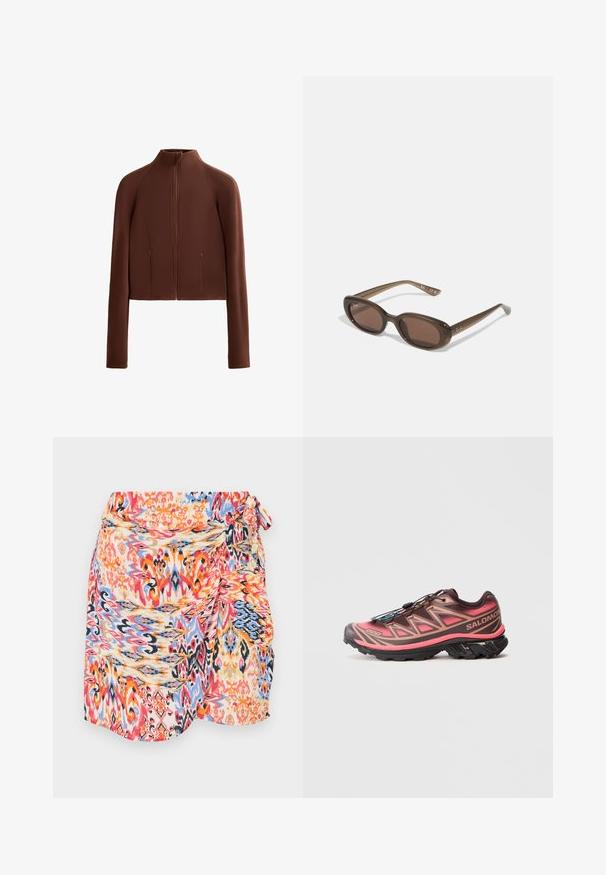 Braune, taillierte Jacke aus glattem Material, mit hohem Kragen und langen Ärmeln. Mit Reißverschlüssen ausgestattete Vordertaschen bieten Funktionalität.; Braunes Sport-Crop-Top mit hohem Kragen, schmalen Trägern, die ein X-Muster am Rücken bilden, aus glattem, dehnbarem Stoff.; Bunte, gemusterte Wickelröhre mit wirbelnden Designs in Rot, Blau, Orange und Gelb, seitlichem Bund und aus weichem, leichtem Stoff.; Trailrunning-Schuh mit einem Verlauf in Braun und Pink, der eine strukturierte Oberseite, eine schwarze Laufsohle und ein einzigartiges Schnürsystem aufweist.; Braune ovale Sonnenbrillen mit dunklen Gläsern. Das Gestell besteht aus einem transparenten braunen Material und hat ein auf den Bügeln aufgedrucktes Logo.; Beige Woven Tote Bag mit lässigem Design und einem einzelnen Schulterriemen. Verfügt über ein strukturiertes Muster auf der gesamten Oberfläche.