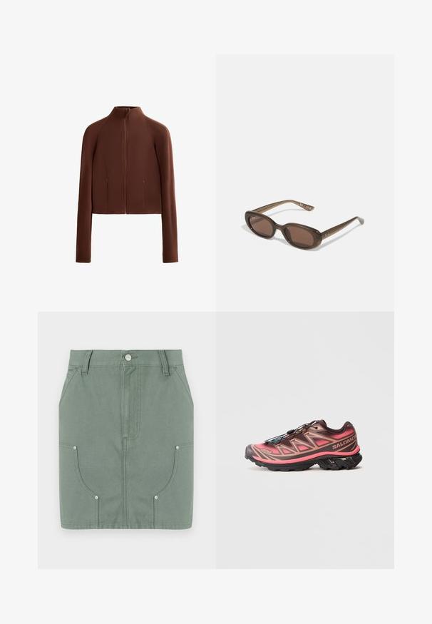 Hnedá skrátená bunda vyrobená z hladkého materiálu, s vysokým golierom a dlhými rukávmi. Zipsové predné vrecká zvyšujú jej funkčnosť.; Hnedý športový crop top s vysokým výstrihom, úzkymi ramenami tvoriacimi X vzor na chrbte, vyrobený z hladkej, elastickej látky.; Zelená bavlnená sukňa s priliehavým strihom, so prednými vreckami, hladkou štruktúrou a kovovými detailmi na vreckách.; Trailové bežecké topánky s gradientným hnedo-ružovým dizajnom, s textúrovaným zvrškom, čiernou podrážkou a jedinečným systémom šnurovania.; Hnedé oválne slnečné okuliare s tmavými sklami. Rám je vyrobený z priesvitného hnedého materiálu a na spánkoch má vytlačené logo.; Tkaná béžová taška s uvoľneným dizajnom a jedným ramenným popruhom. Obsahuje textúrovaný vzor po celém povrchu.