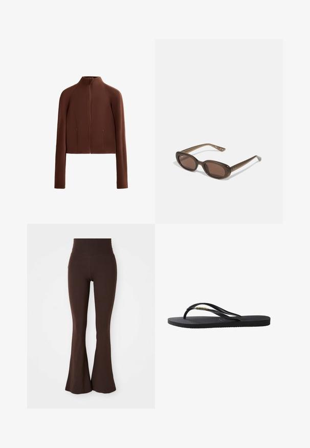 Brown, cropped jacket made of smooth material, featuring a high collar and long sleeves. Zippered front pockets add functionality.; Brown sports crop top with a high neckline, slim straps forming an X pattern at the back, made of smooth, stretchy fabric.; Brown flared leggings made from soft, stretchy fabric, featuring a high waistband and a fitted silhouette that flares at the ankle.; Black flip-flop sandal with textured sole, thin rubber straps, and a small metallic accent on the strap. Simple and flat design.; Brown oval sunglasses with dark lenses. Frame has a transparent brown material and features a logo printed on the temples.; Woven beige tote bag with a slouchy design and a single shoulder strap. Features a textured pattern throughout the surface.