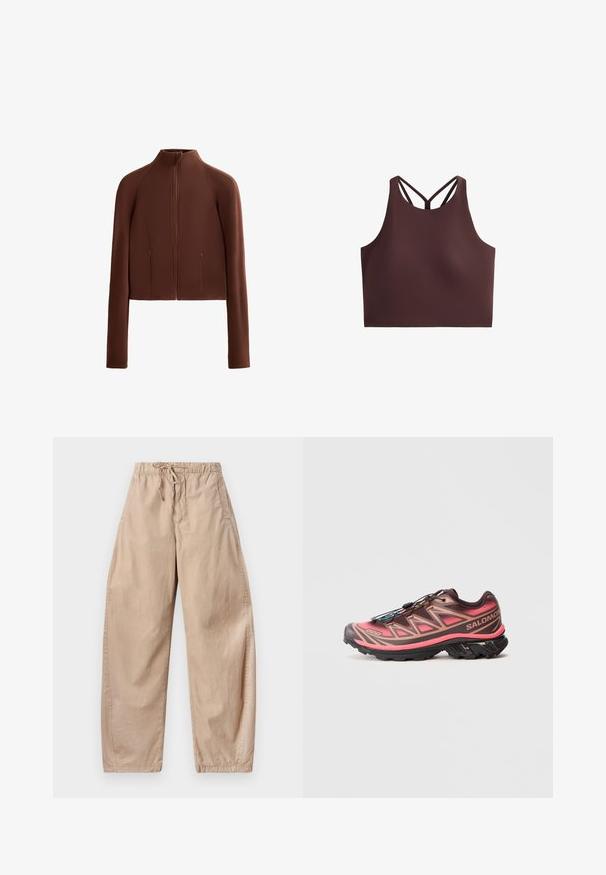 Brun, kort jacka i mjukt material, med hög krage och långa ärmar. Dragkedjeförsedda framfickor ger funktionalitet.; Brun sportig crop top med hög halsringning, smala axelremmar som bildar ett X-mönster på baksidan, tillverkad i ett mjukt och stretchigt material.; Beige bomull vidbenade byxor med elastisk midja och snörning, med sidofickor och en mjuk, lätt textur.; Trailrunning-sko med en gradientdesign i brunt och rosa, som har en texturerad överdel, svart yttersula och ett unikt snörningssystem.