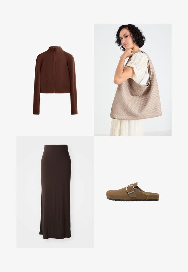 Hnedá skrátená bunda vyrobená z hladkého materiálu, s vysokým golierom a dlhými rukávmi. Zipsové predné vrecká zvyšujú jej funkčnosť.; Biela košieľka na ramienka s tenkými nastaviteľnými ramienkami, priliehavý strih a hladká, elastická textúra bez vzorov alebo ozdôb.; Dlhá, priliehajúca hnedá sukňa vyrobená z hladkého, elastického materiálu s vysokým pásom a bočným rozparkom, poskytujúca štíhlu siluetu.; Hnedé semišové klump s širokým pásikom a striebornou kovovou prackou, so štruktúrovanou podrážkou a otvoreným dizajnom na zadnej strane.; Tkaná béžová taška s uvoľneným dizajnom a jedným ramenným popruhom. Obsahuje textúrovaný vzor po celém povrchu.