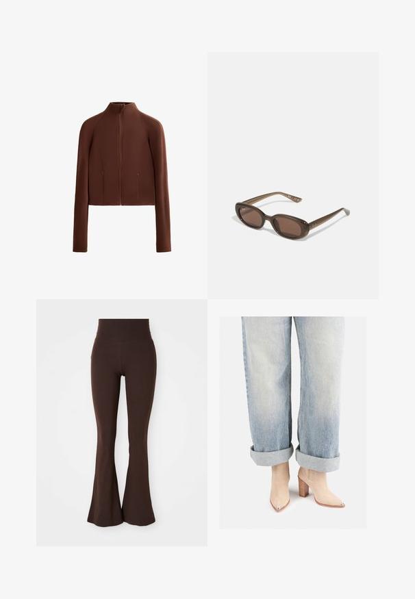 Hnědá, zkrácená bunda vyrobená z hladkého materiálu, s vysokým límcem a dlouhými rukávy. Zipperové přední kapsy přidávají na funkčnosti.; Bílý triko s krátkým rukávem, kulatým výstřihem, vyrobené z měkké, hladké bavlny, s rovním lemem a minimálním zdobením. Jednoduchý a univerzální design.; Hnědé rozšířené legíny vyrobené z měkké, elastické látky, s vysokým pasem a přiléhavým střihem, který se rozšiřuje u kotníku.; Béžové semišové kotníkové boty s špičatou špičkou a metalickým podpatkem, spárované se světle modrými ohrnovacími džínami.; Hnědé oválné sluneční brýle s tmavými skly. Rámeček je z průhledného hnědého materiálu a má na stranách potisk s logem.; Woven béžová taška přes rameno s volným designem a jedním popruhem na rameno. Vyznačuje se texturovaným vzorem po celé ploše.