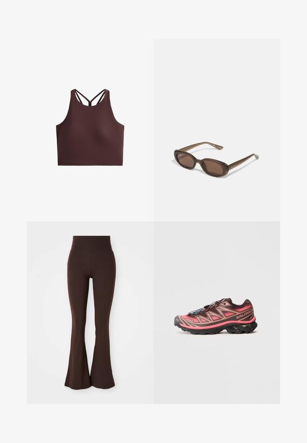 Barna, rövidített dzseki sima anyagból, magas nyakkal és hosszú ujjakkal. Cipzáras elülső zsebek növelik a funkcionalitást.; Barna sport cropped top magas nyakkal, vékony pántokkal, amelyek X alakzatot alkotnak a háton, sima, nyújtható anyagból készült.; Barnás, bővülő leggings, puha, rugalmas anyagból, magas derékkal és testhez álló fazonnal, amely a bokánál bővül.; Trélifutó cipő, amelynek árnyalatai barna és rózsaszín között váltakoznak, texturált felsőrésze, fekete talpa és egyedi fűzési rendszere van.; Barna ovális napszemüveg sötét lencsékkel. A keret átlátszó barna anyagból készült, és logóval van nyomtatva a szárakon.; Szőtt bézs tote táska laza kialakítással és egyetlen vállpánttal. A felületén textúrált minta található.