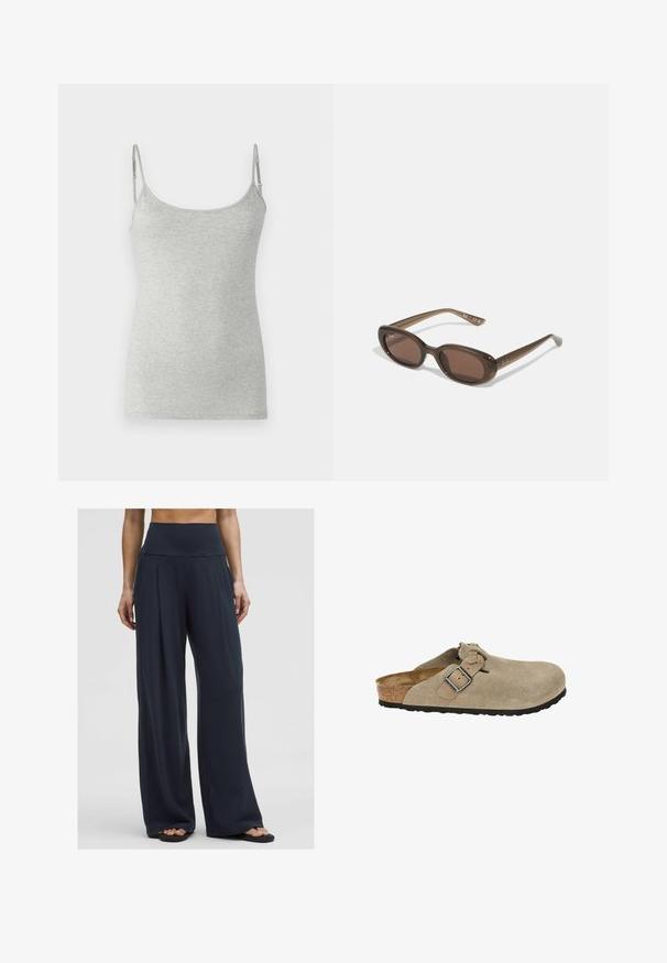 Rjava, kratka jakna iz gladkega materiala, z visokim ovratnikom in dolgimi rokavi. Žepki z zadrgo dodajajo funkcionalnost.; Siva majica brez rokavov iz mehkega bombaža, z ozkimi nastavljivimi naramnicami in okroglim izrezom, z gladko teksturirano površino.; Ženska stoji oblečena v temne, široke hlače z visokim pasom, ki jih kombinira s sandalami, kar prikazuje udoben in sproščen stil.; Bež suède klompe s zaobljenim nosom, nastavljivim trakom in sponko, pluto srednjim podplatom in teksturiranim črnim gumijastim podplatom za oprijem.; Rjave ovalne sončne naočare s temnimi lečami. Obloge so narejene iz prozorne rjave materiale in imajo na templjih natisnjeno logo.; Tkanina bež torba z naborjanjem in enim naramnim trakom. Ima teksturiran vzorec po celotni površini.