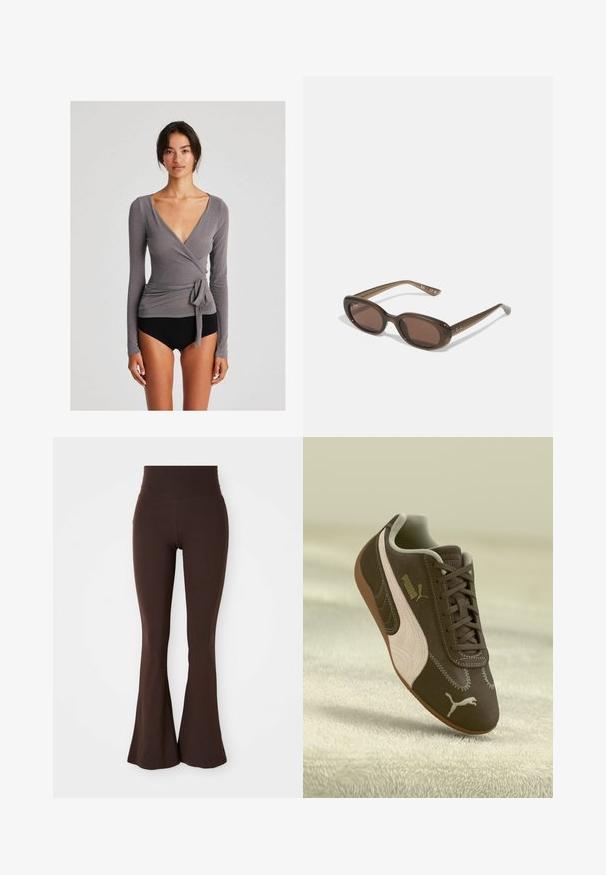 Smeđi skraćeni kaput napravljen od glatkog materijala, sa visokim okovratnikom i dugim rukavima. Zippered prednji džepovi dodaju funkcionalnost.; GAI+LISVA ANNE WRAP - Top dugih rukava - dark gull grey; Smeđe flared tajice napravljene od mekog, rastezljivog materijala, s visokim strukom i prilagođenim siluetom koja se širi na gležnju.; Smeđi Puma tenisice s bež prugom i logotipom, vezane, odložene na teksturiranoj bež površini.; Smeđe ovalne sunčane naočale s tamnim staklima. Okvir je od prozirnog smeđeg materijala i ima otisnut logo na sljepoočnicama.; Torbica od bež tkanine sa ležernim dizajnom i jednim remenom za rame. Ima teksturirani uzorak po cijeloj površini.