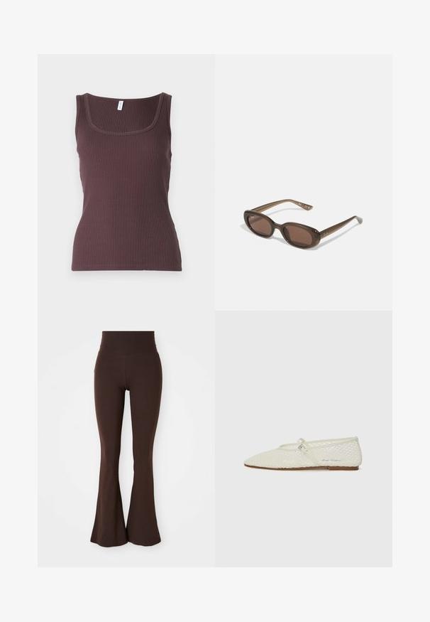 Ruskea, lyhyt takki, joka on valmistettu sileästä materiaalista ja jossa on korkea kaulus ja pitkät hihat. Vetoketjulliset etutaskut lisäävät käytännöllisyyttä.; Tummanruskea ribbipintaista tanktoppia, jossa on pyöreä pääntie ja leveät olkaimet, valmistettu pehmeästä ja joustavasta kankaasta, ja siinä on muotoiltu leikkaus.; Ruskea levenevä trikoo, joka on valmistettu pehmeästä ja joustavasta kankaasta, jossa on korkea vyötärö ja tiukka siluetti, joka levenee nilkasta.; Kermakuvioinen verkkomateriaalisella balettitossulla, jossa on terävä kärki ja säädettävä hihna. Ominaisuuksiin kuuluu teksturoitu päällinen ja tasapohja, joka on ruskea.; Ruske oválne slnečné okuliare s tmavými sklami. Rám je vyrobený z priesvitného hnedého materiálu a na stranách má potlačené logo.; Kankaan vaalea olkalaukku, jossa on rento muotoilu ja yksi olkahihna. Pintarakenteessa on teksturoitu kuvio.