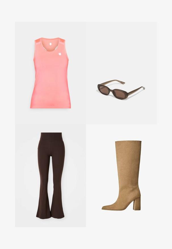 Brązowa, krótka kurtka wykonana z gładkiego materiału, z wysokim kołnierzem i długimi rękawami. Kieszenie z zamkiem błyskawicznym zwiększają funkcjonalność.; Top bez rękawów w gradientowym kolorze koralowym, wykonany z gładkiego, elastycznego materiału. Posiada małe logo na klatce piersiowej oraz siateczkowe detale na ramionach.; Brązowe podkolanówki w kształcie dzwonu, wykonane z miękkiego, elastycznego materiału, z wysokim stanem i dopasowanym krojem, który rozszerza się przy kostce.; Karmowe zamszowe botki do kolan na słupku, z ostrym noskiem i gładką fakturą. Minimalistyczny design bez ozdób.; Brązowe, owalne okulary przeciwsłoneczne z ciemnymi soczewkami. Rama wykonana jest z przezroczystego brązowego materiału i ma logo nadrukowane na zausznikach.; Wykonana z tkanej beżowej torba na ramię o luźnym fasonie i pojedynczym pasku na ramię. Posiada teksturowany wzór na całej powierzchni.