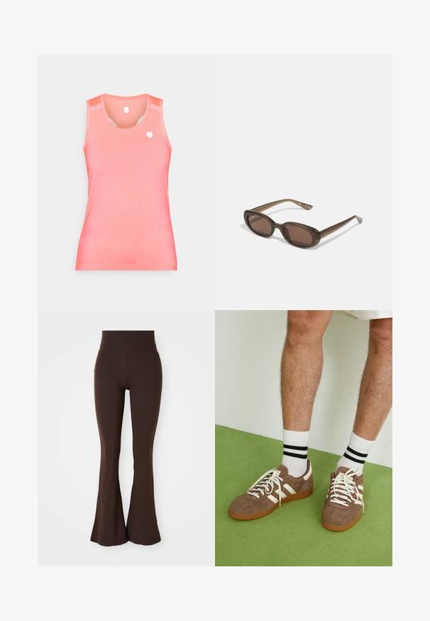 Barna, rövidített dzseki sima anyagból, magas nyakkal és hosszú ujjakkal. Cipzáras elülső zsebek növelik a funkcionalitást.; Ujjatlan tank top gradient korall színben, sima, rugalmas anyagból készült. Kis logo található a mellkason és hálós részletek a vállakon.; Barnás, bővülő leggings, puha, rugalmas anyagból, magas derékkal és testhez álló fazonnal, amely a bokánál bővül.; Barna velúr sportcipő fehér díszítéssel és fűzővel. Gumi talp. Fehér zoknival viselve, fekete csíkokkal. Zöld, textúrázott padló.; Barna ovális napszemüveg sötét lencsékkel. A keret átlátszó barna anyagból készült, és logóval van nyomtatva a szárakon.; Szőtt bézs tote táska laza kialakítással és egyetlen vállpánttal. A felületén textúrált minta található.