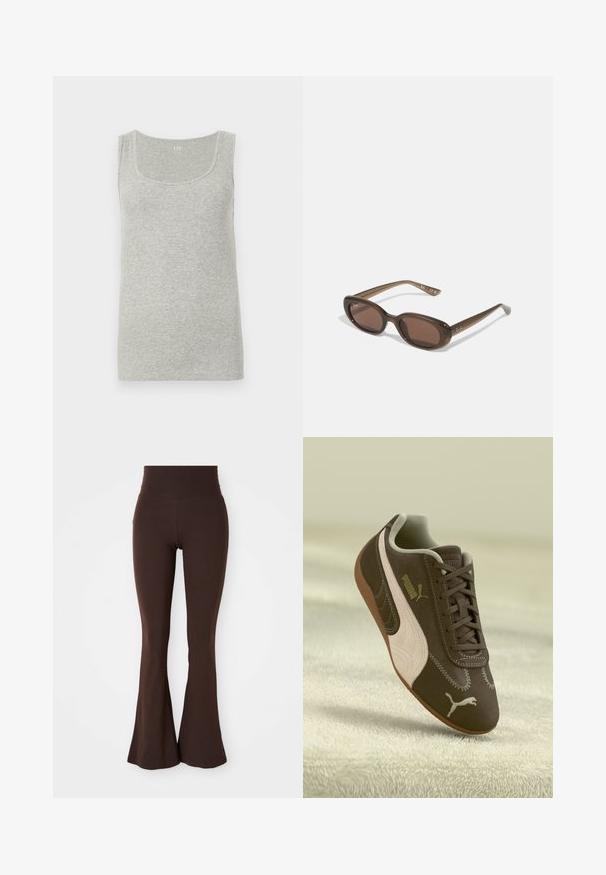 Barna, rövidített dzseki sima anyagból, magas nyakkal és hosszú ujjakkal. Cipzáras elülső zsebek növelik a funkcionalitást.; Szürke, bordás pamut trikó. Lekerekített nyakkivágással és széles pántokkal rendelkezik, sima textúrával.; Barnás, bővülő leggings, puha, rugalmas anyagból, magas derékkal és testhez álló fazonnal, amely a bokánál bővül.; Barna Puma sportcipő bézs csíkkal és logóval, fűzős, egy textúrált bézs felületen pihen.; Barna ovális napszemüveg sötét lencsékkel. A keret átlátszó barna anyagból készült, és logóval van nyomtatva a szárakon.; Szőtt bézs tote táska laza kialakítással és egyetlen vállpánttal. A felületén textúrált minta található.