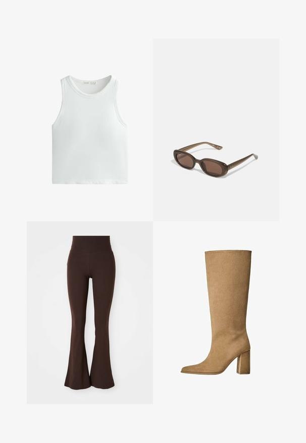 Jachetă maro, scurtă, realizată dintr-un material neted, cu guler înalt și mâneci lungi. Buzunarele frontale cu fermoar adaugă funcționalitate.; Top alb cu dungi, cu bretele late și guler rotund. Fabricat dintr-un material moale și elastic pentru confort și potrivire.; Leggings maronii evazate, fabricate dintr-un material moale și elastic, având un talie înaltă și o siluetă fită care se lărgește la gleznă.; Botă din suede bej, cu înălțime până la genunchi și toc bloc, având vârful ascuțit și o textură netedă. Design minimalista, fără embellishement.; Ochelari de soare ovali maro, cu lentile închise la culoare. Ramele sunt dintr-un material translucid maro și prezintă un logo imprimat pe tempere.; Geantă țesută bej cu un design relaxat și o curea de umăr. Prezintă un model texturat pe întreaga suprafață.
