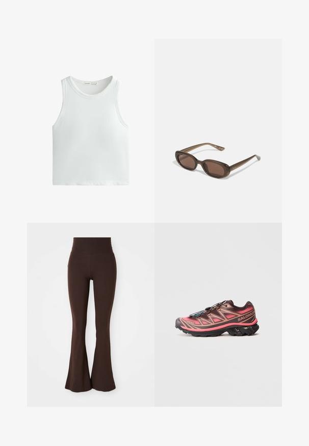 Ruskea, lyhyt takki, joka on valmistettu sileästä materiaalista ja jossa on korkea kaulus ja pitkät hihat. Vetoketjulliset etutaskut lisäävät käytännöllisyyttä.; Valkoinen ribbikuvioinen hihaton paita, jossa on leveät olkaimet ja pyöreä kaula-aukko. Valmistettu pehmeästä, joustavasta materiaalista mukavuutta ja istuvuutta varten.; Ruskea levenevä trikoo, joka on valmistettu pehmeästä ja joustavasta kankaasta, jossa on korkea vyötärö ja tiukka siluetti, joka levenee nilkasta.; Polkujuoksukengät, joissa on gradienttinen ruskea ja vaaleanpunainen muotoilu, teksturoitu päällinen, musta ulkopohja ja ainutlaatuinen nauhoitusjärjestelmä.; Ruske oválne slnečné okuliare s tmavými sklami. Rám je vyrobený z priesvitného hnedého materiálu a na stranách má potlačené logo.; Kankaan vaalea olkalaukku, jossa on rento muotoilu ja yksi olkahihna. Pintarakenteessa on teksturoitu kuvio.