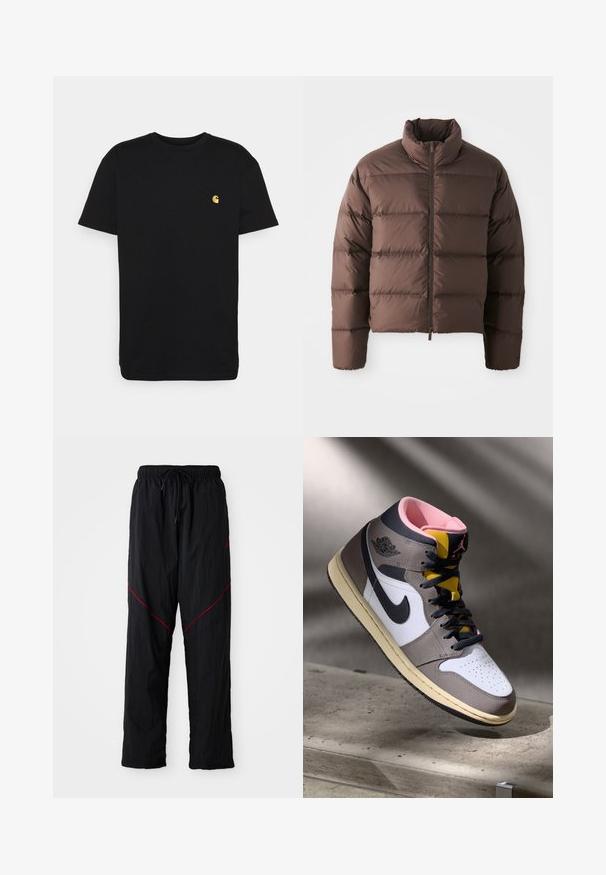 Bruine pufferjack met hoge kraag en ritssluiting aan de voorkant, met horizontale gestikte delen en elastische manchetten voor warmte.; Zwarte katoenen t-shirt met korte mouwen, ronde hals en een klein geel logo op de linker borst. Eenvoudig ontwerp en normale pasvorm.; Zwarte sportbroek met een gestructureerde afwerking, voorzien van een trekkoord in de taille, rode accentlijnen en een losse pasvorm.; Hoog-top Nike Air Jordan sneaker in wit, grijs en zwart met een roze interieur en gele tong, geplaatst op een betonnen oppervlak.