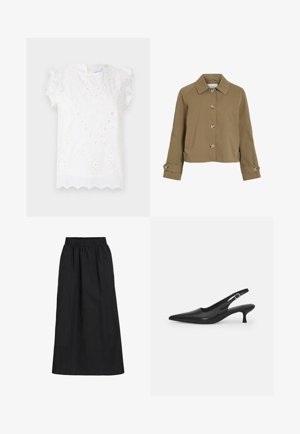 Khaki krátka bunda s rovnými líniami, golierom, šiestimi gombíkmi, postrannými vreckami a zrolovanými manžetami s akcentami gombíkov. Hladká textúra, ľahká látka.; Biela blúzka s jemnou výšivkou, kruhovými výrezmi a ozdobnými volánovými rukávmi, so zubatým lemom.; Čierna, sukňa po kolená vyrobená z mäkkej, ľahkej tkaniny. Má elastický pás a jednoduchý, voľný dizajn bez dekorácií.; Čierne kožené sandále s úzkym špičatým prstom a štíhlym zakriveným podpätkom. Majú diskrétny nastaviteľný popruh s kovovou sponou.