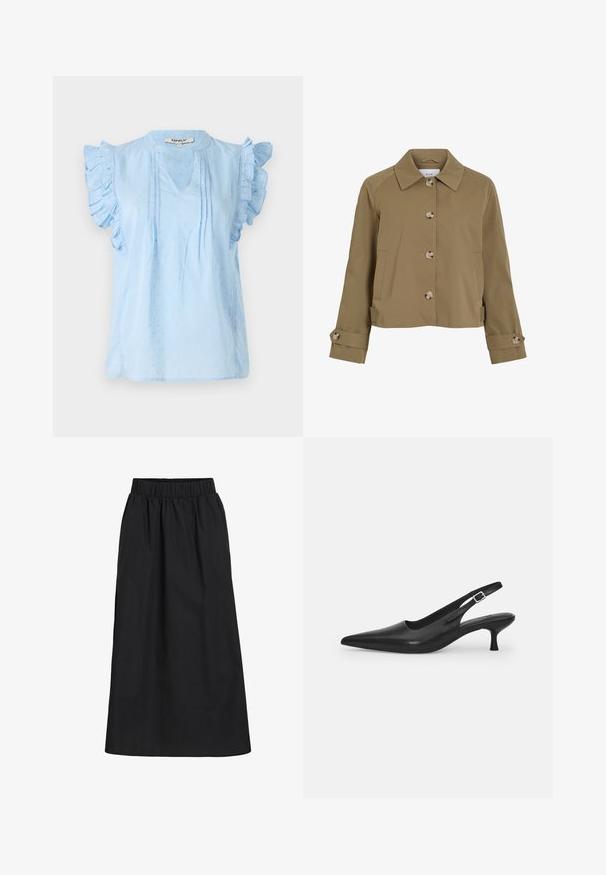 Haki īsa jakas ar taisnu griezumu, apkakli, sešām pogām, sānu kabatām un sarullētām piedurknēm ar pogu akcentiem. Gluda tekstūra, vieglais audums.; Gaiši zila blūze ar volāniem uz piedurknēm, ar V veida kakla izgriezumu, teksturētu rakstu un pintuck detaļām priekšpusē. Izgatavota no mīksta auduma.; Melns, līdz ceļiem garš svārku izgatavots no mīkstas, vieglas auduma. Iespējams elastīgs jostasvietas un vienkāršs, plūstošs dizains bez rotājumiem.; Melnas ādas slīdošās kurpes ar norādītu pirkstu un šauru, izliekta papēdi. Ar diskrētu regulējamu siksniņu ar metāla sprādzi.